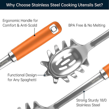 Stainless Steel Soup Ladle and Spaghetti Spoon Set, Heat Resistant Rubber Handle, Dishwasher Safe, Kitchen Utensils for Cooking, Stirring, Serving Pasta, Soup & Sauce
