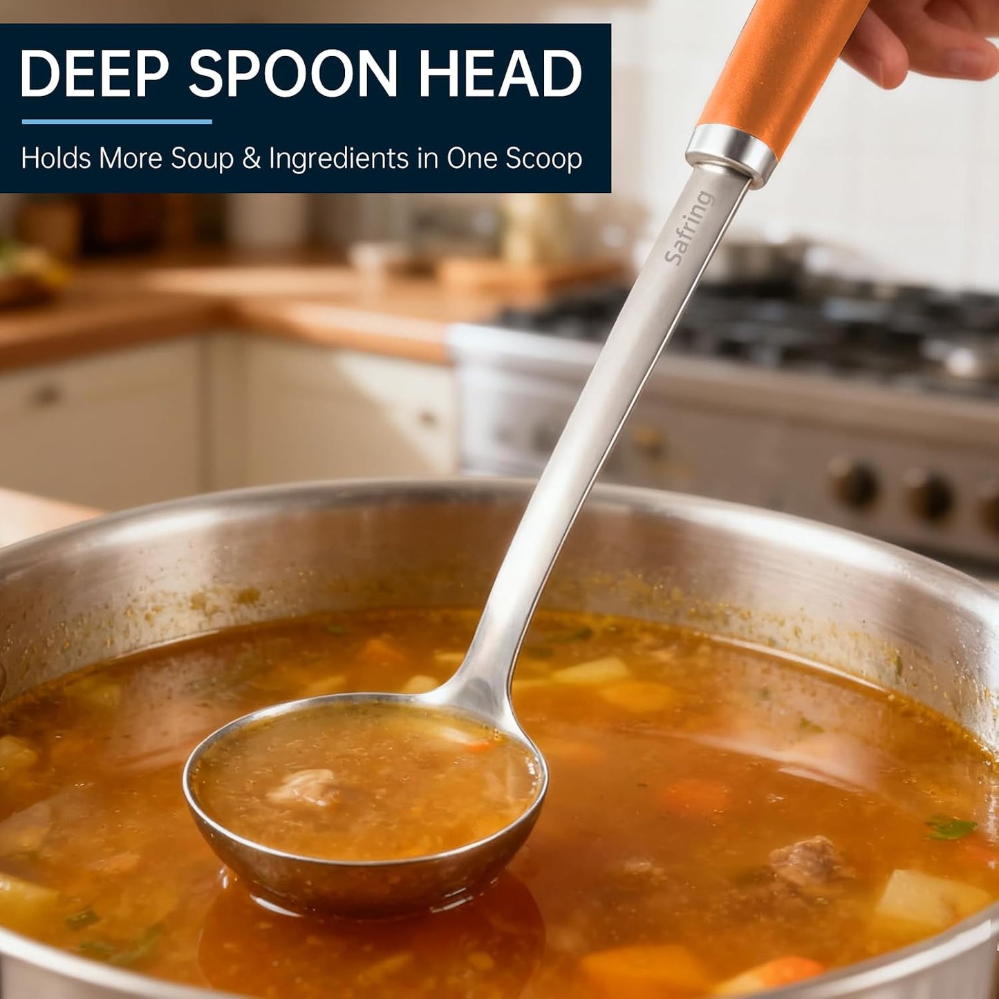 Stainless Steel Soup Ladle and Spaghetti Spoon Set, Heat Resistant Rubber Handle, Dishwasher Safe, Kitchen Utensils for Cooking, Stirring, Serving Pasta, Soup & Sauce
