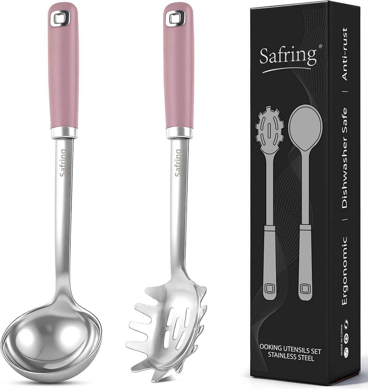 Stainless Steel Soup Ladle and Spaghetti Spoon Set, Heat Resistant Rubber Handle, Dishwasher Safe, Kitchen Utensils for Cooking, Stirring, Serving Pasta, Soup & Sauce