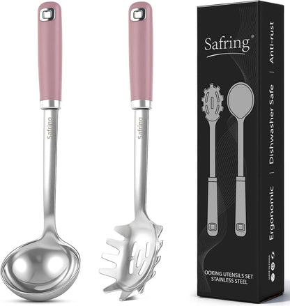 Stainless Steel Soup Ladle and Spaghetti Spoon Set, Heat Resistant Rubber Handle, Dishwasher Safe, Kitchen Utensils for Cooking, Stirring, Serving Pasta, Soup & Sauce