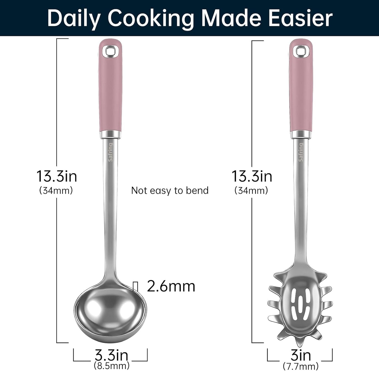 Stainless Steel Soup Ladle and Spaghetti Spoon Set, Heat Resistant Rubber Handle, Dishwasher Safe, Kitchen Utensils for Cooking, Stirring, Serving Pasta, Soup & Sauce