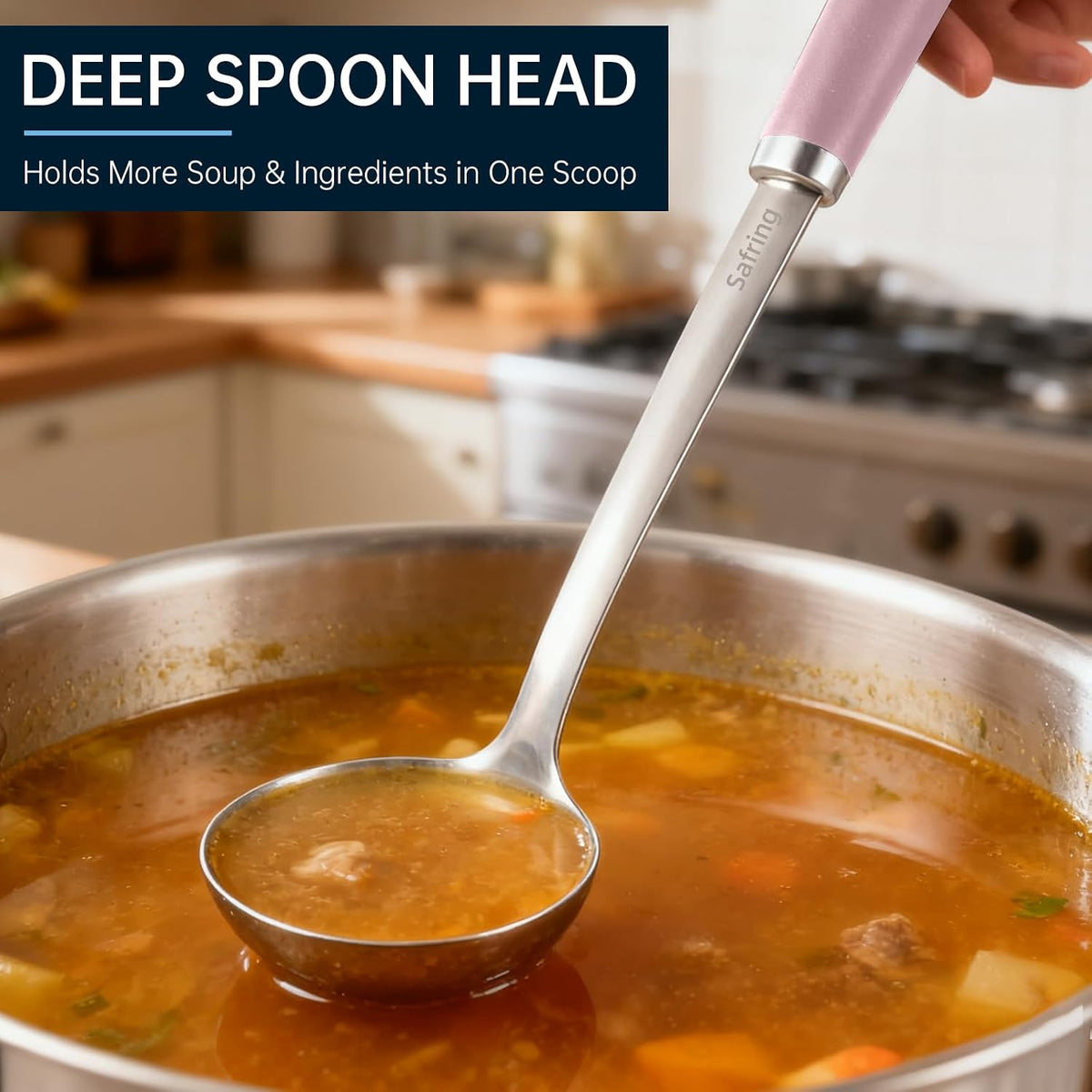 Stainless Steel Soup Ladle and Spaghetti Spoon Set, Heat Resistant Rubber Handle, Dishwasher Safe, Kitchen Utensils for Cooking, Stirring, Serving Pasta, Soup & Sauce