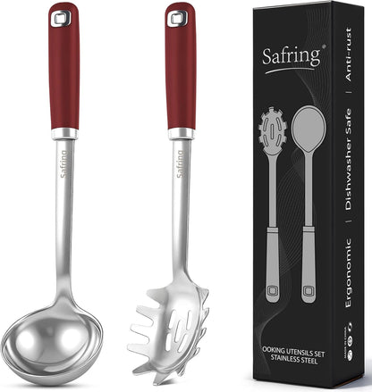Stainless Steel Soup Ladle and Spaghetti Spoon Set, Heat Resistant Rubber Handle, Dishwasher Safe, Kitchen Utensils for Cooking, Stirring, Serving Pasta, Soup & Sauce