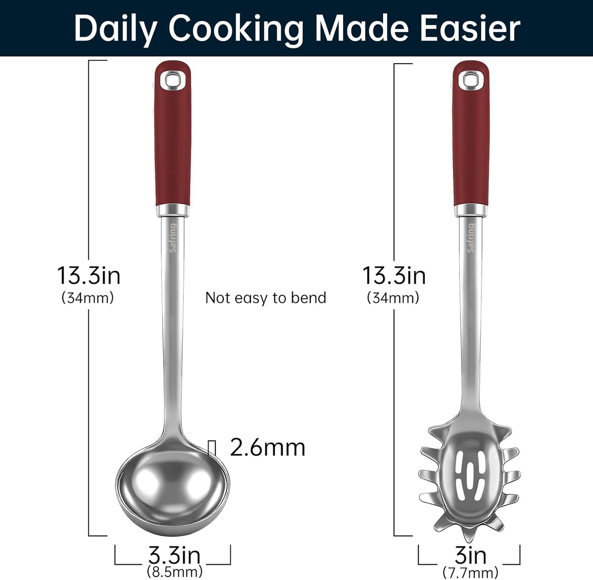 Stainless Steel Soup Ladle and Spaghetti Spoon Set, Heat Resistant Rubber Handle, Dishwasher Safe, Kitchen Utensils for Cooking, Stirring, Serving Pasta, Soup & Sauce