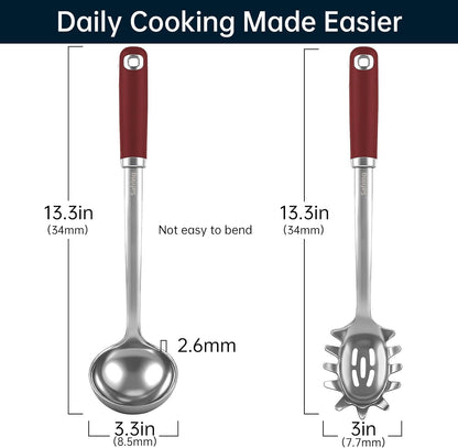 Stainless Steel Soup Ladle and Spaghetti Spoon Set, Heat Resistant Rubber Handle, Dishwasher Safe, Kitchen Utensils for Cooking, Stirring, Serving Pasta, Soup & Sauce