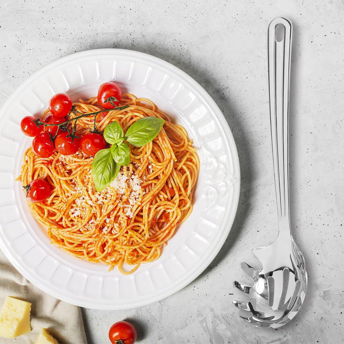 New Upgraded 12 inch Stainless Steel Spaghetti Server Spoon with Teeth - Pasta Fork Pasta Server Noodle Spoon Heavy Duty Cooking Utensils Classic Dishwasher Safe 1Pc