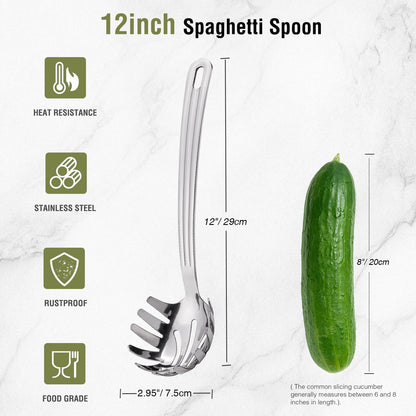 New Upgraded 12 inch Stainless Steel Spaghetti Server Spoon with Teeth - Pasta Fork Pasta Server Noodle Spoon Heavy Duty Cooking Utensils Classic Dishwasher Safe 1Pc