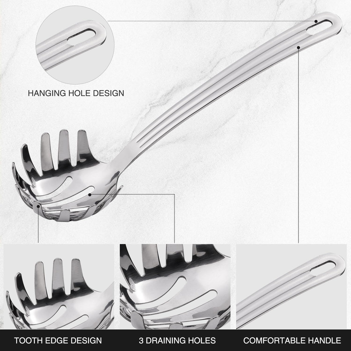 New Upgraded 12 inch Stainless Steel Spaghetti Server Spoon with Teeth - Pasta Fork Pasta Server Noodle Spoon Heavy Duty Cooking Utensils Classic Dishwasher Safe 1Pc