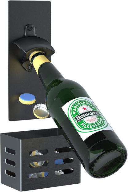 Magnetic Bottle Opener Wall Mounted with Cap Catcher (black)