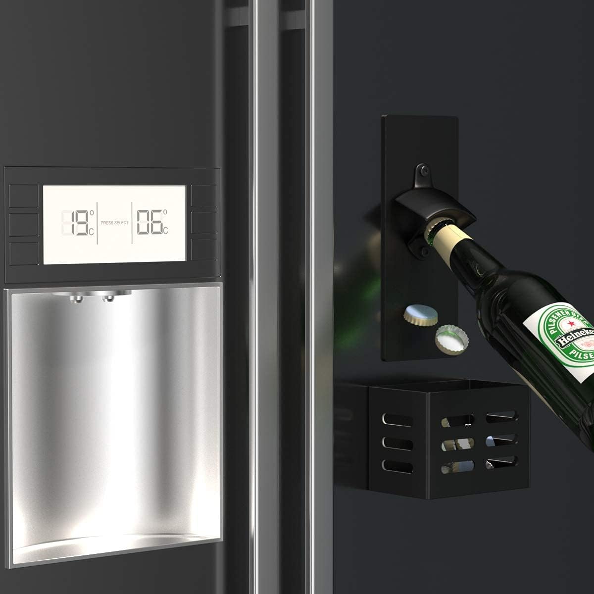 Magnetic Bottle Opener Wall Mounted with Cap Catcher (black)