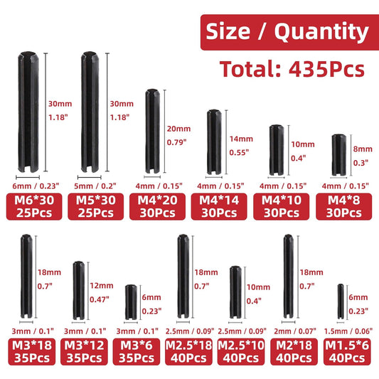 435-Piece Roll Pin Assortment Kit - Slotted Tension Pins, Split Dowels & Expansion Spring Pins - Includes M1.5 to M6 Sizes (13 Types) - Durable Spring Steel for Secure Fastening