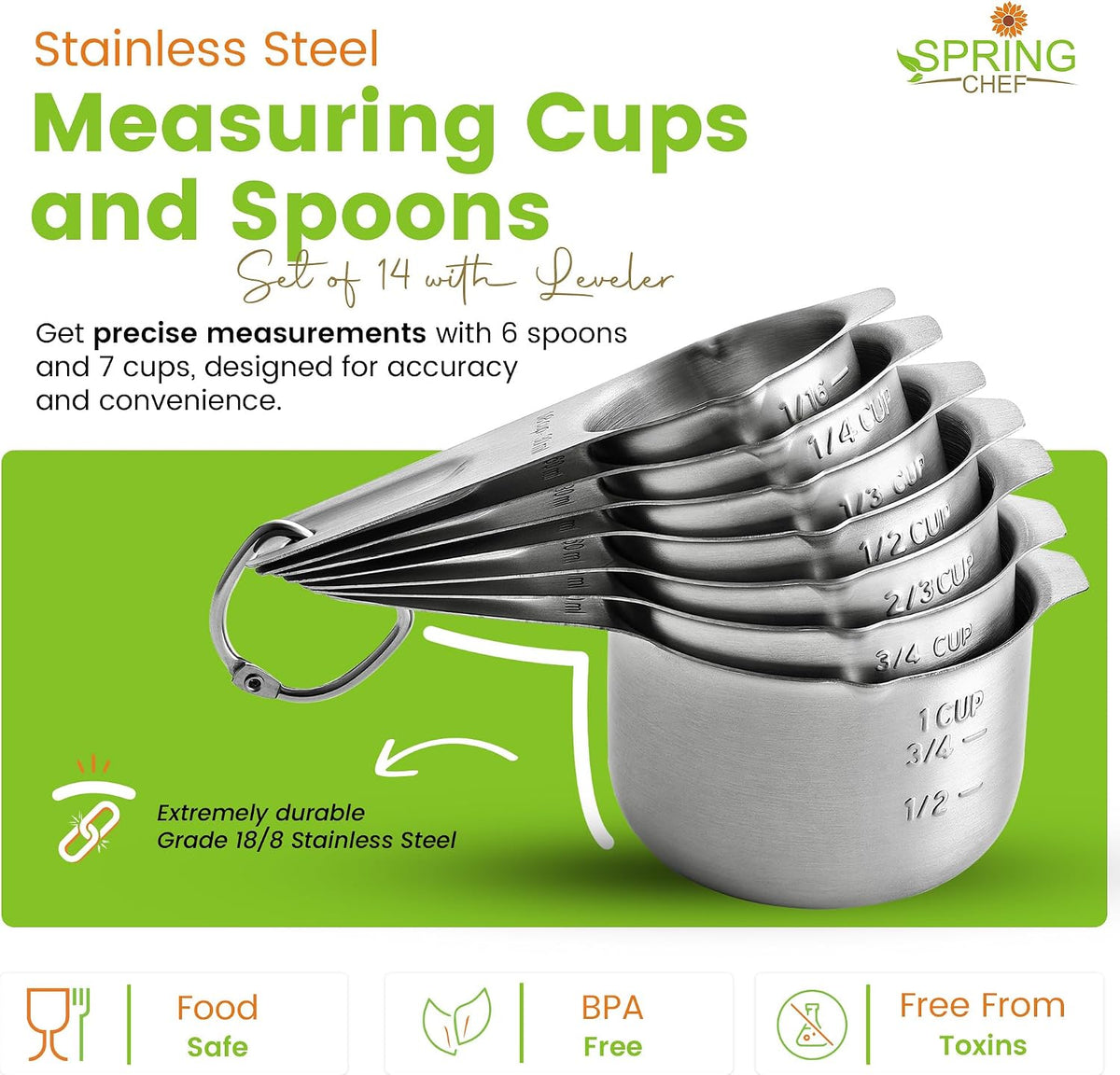 Stainless Steel Measuring Cups and Spoons Set of 14 w/Leveler