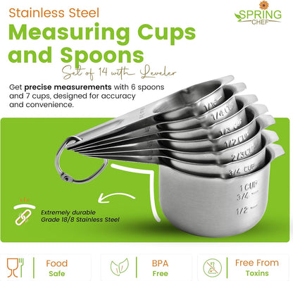 Stainless Steel Measuring Cups and Spoons Set of 14 w/Leveler