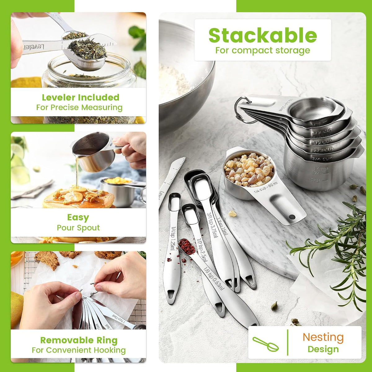 Stainless Steel Measuring Cups and Spoons Set of 14 w/Leveler