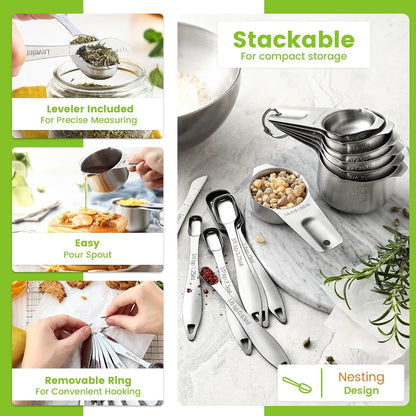 Stainless Steel Measuring Cups and Spoons Set of 14 w/Leveler