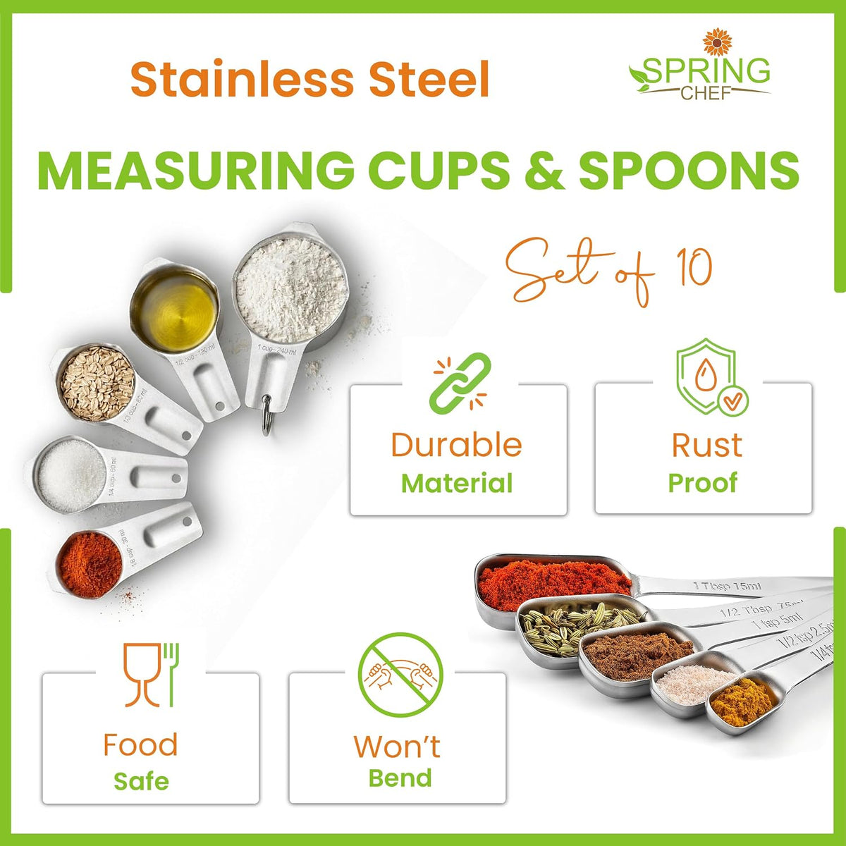 Stainless Steel Measuring Cups and Spoons Set of 14 w/Leveler