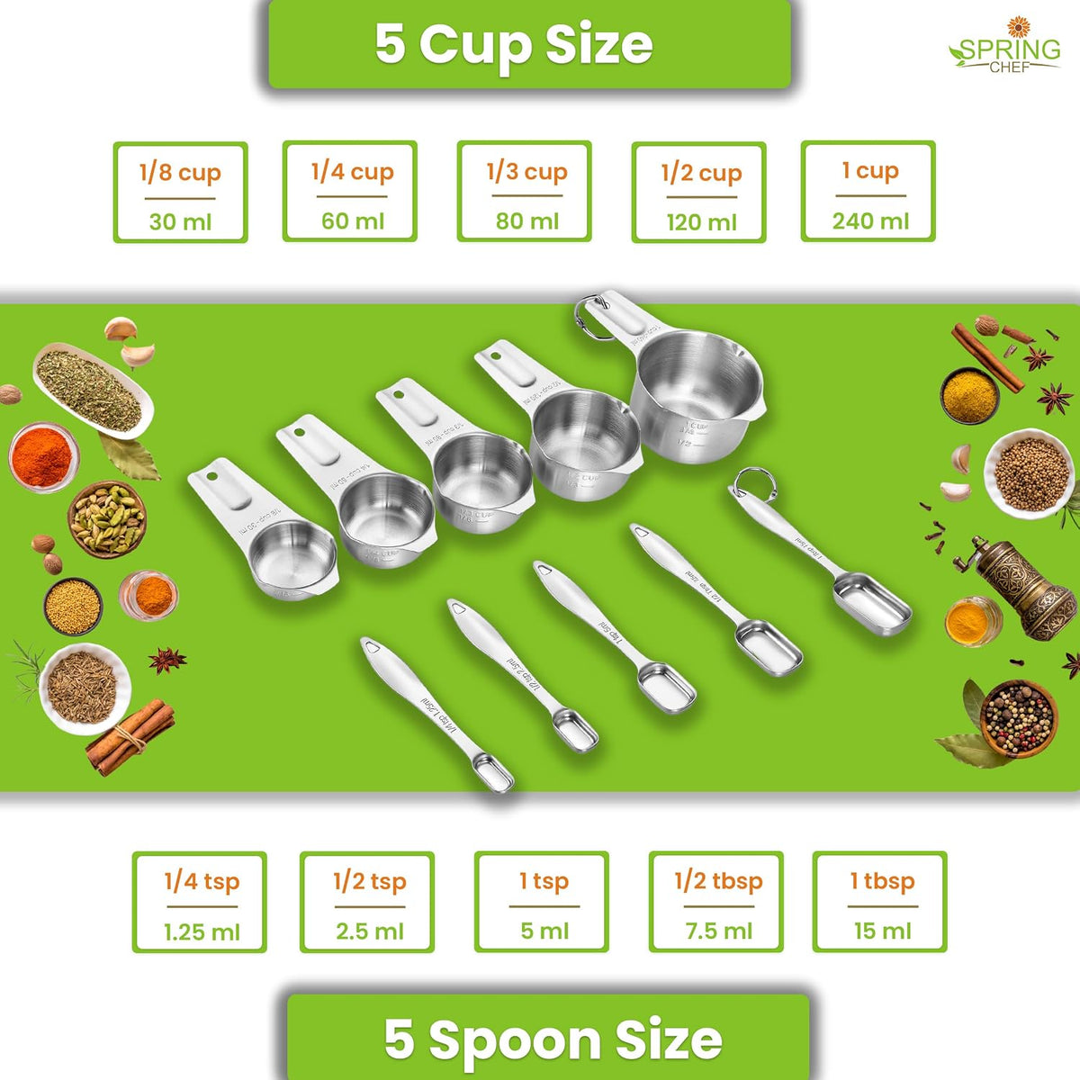Stainless Steel Measuring Cups and Spoons Set of 14 w/Leveler