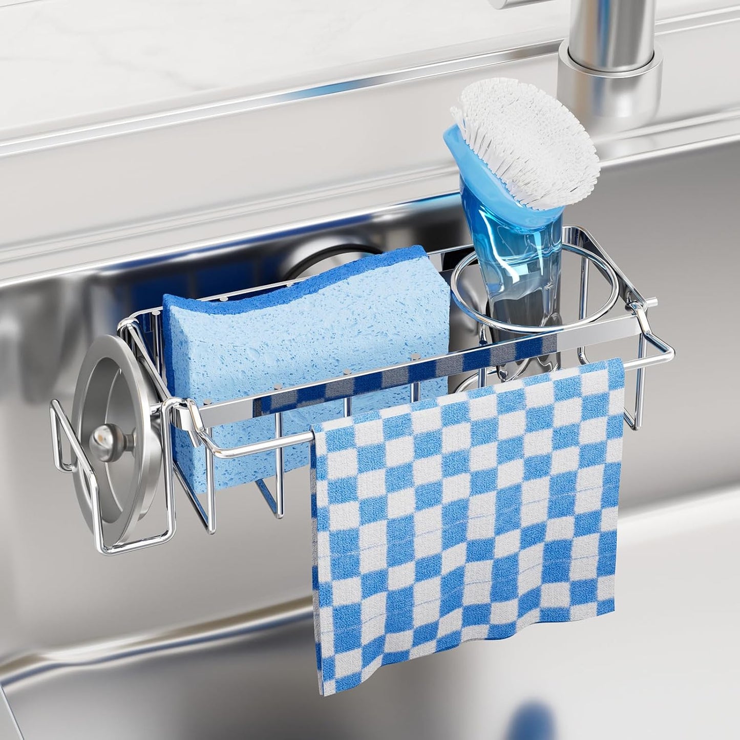 4-in-1 Sink Caddy with Strong Suction Cup, Sponge Holder for Kitchen Sink Organizer, Removable, Rustproof, Stainless Steel Holder for Sponge, Brush, Scrubber, Scraper - Silver