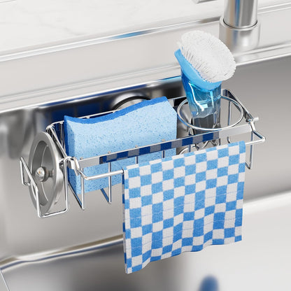 4-in-1 Sink Caddy with Strong Suction Cup, Sponge Holder for Kitchen Sink Organizer, Removable, Rustproof, Stainless Steel Holder for Sponge, Brush, Scrubber, Scraper - Silver