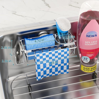 4-in-1 Sink Caddy with Strong Suction Cup, Sponge Holder for Kitchen Sink Organizer, Removable, Rustproof, Stainless Steel Holder for Sponge, Brush, Scrubber, Scraper - Silver