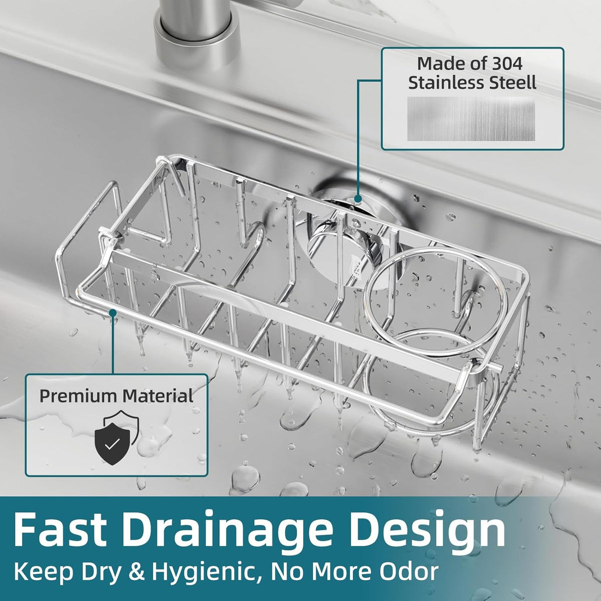 4-in-1 Sink Caddy with Strong Suction Cup, Sponge Holder for Kitchen Sink Organizer, Removable, Rustproof, Stainless Steel Holder for Sponge, Brush, Scrubber, Scraper - Silver