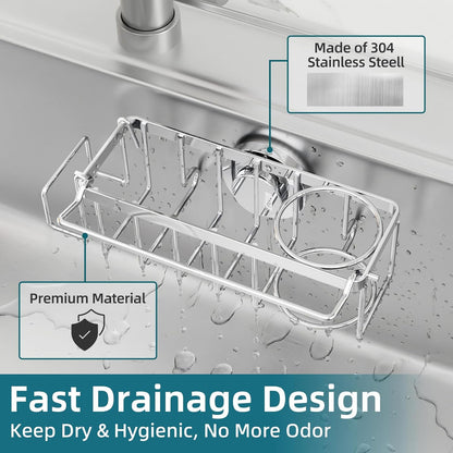 4-in-1 Sink Caddy with Strong Suction Cup, Sponge Holder for Kitchen Sink Organizer, Removable, Rustproof, Stainless Steel Holder for Sponge, Brush, Scrubber, Scraper - Silver