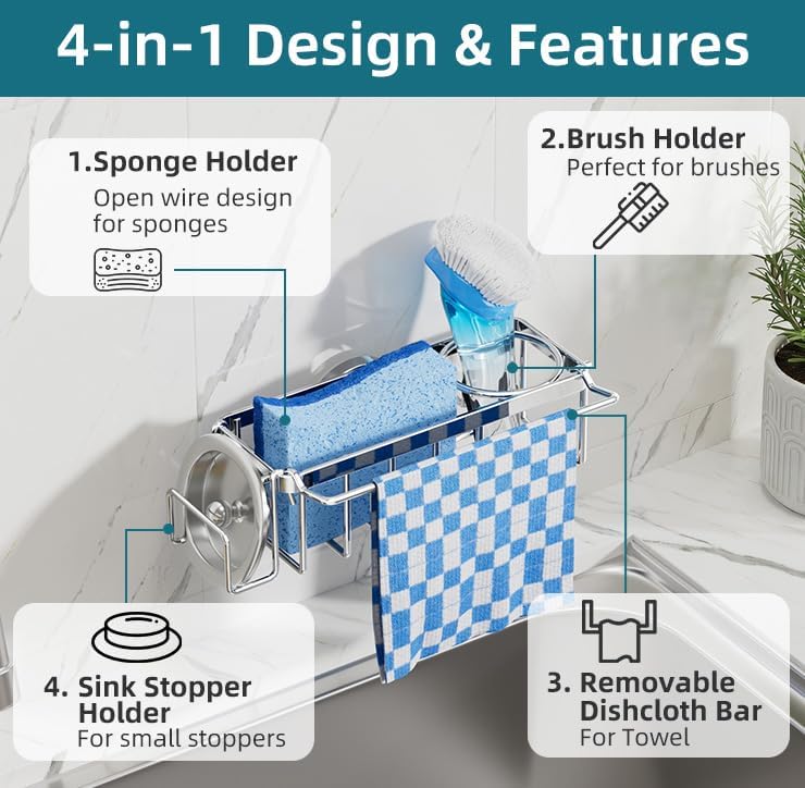 4-in-1 Sink Caddy with Strong Suction Cup, Sponge Holder for Kitchen Sink Organizer, Removable, Rustproof, Stainless Steel Holder for Sponge, Brush, Scrubber, Scraper - Silver