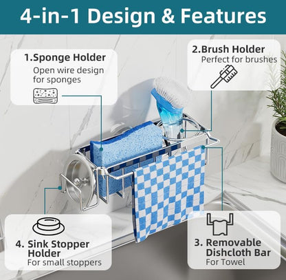 4-in-1 Sink Caddy with Strong Suction Cup, Sponge Holder for Kitchen Sink Organizer, Removable, Rustproof, Stainless Steel Holder for Sponge, Brush, Scrubber, Scraper - Silver