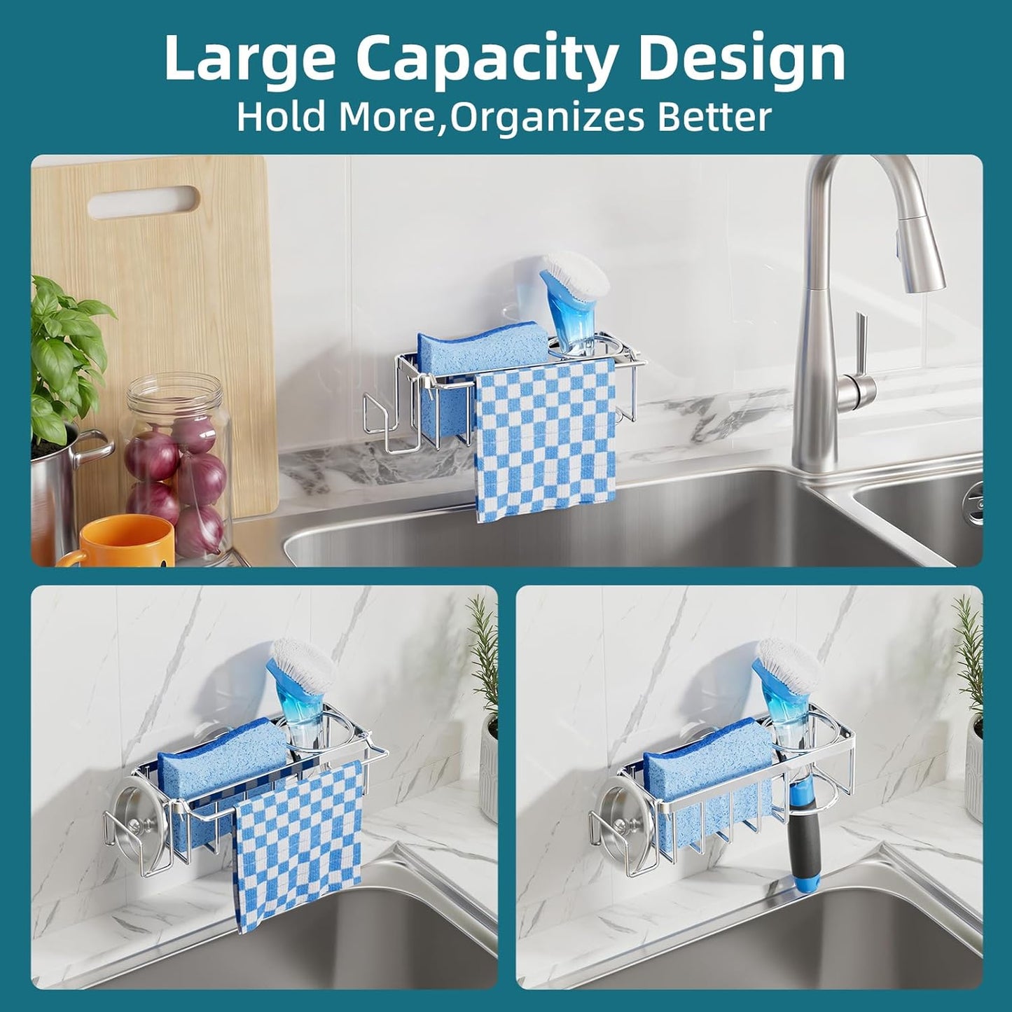 4-in-1 Sink Caddy with Strong Suction Cup, Sponge Holder for Kitchen Sink Organizer, Removable, Rustproof, Stainless Steel Holder for Sponge, Brush, Scrubber, Scraper - Silver