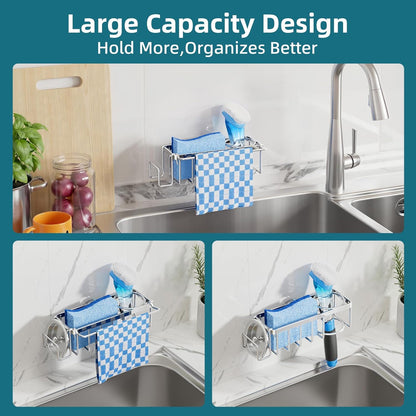 4-in-1 Sink Caddy with Strong Suction Cup, Sponge Holder for Kitchen Sink Organizer, Removable, Rustproof, Stainless Steel Holder for Sponge, Brush, Scrubber, Scraper - Silver