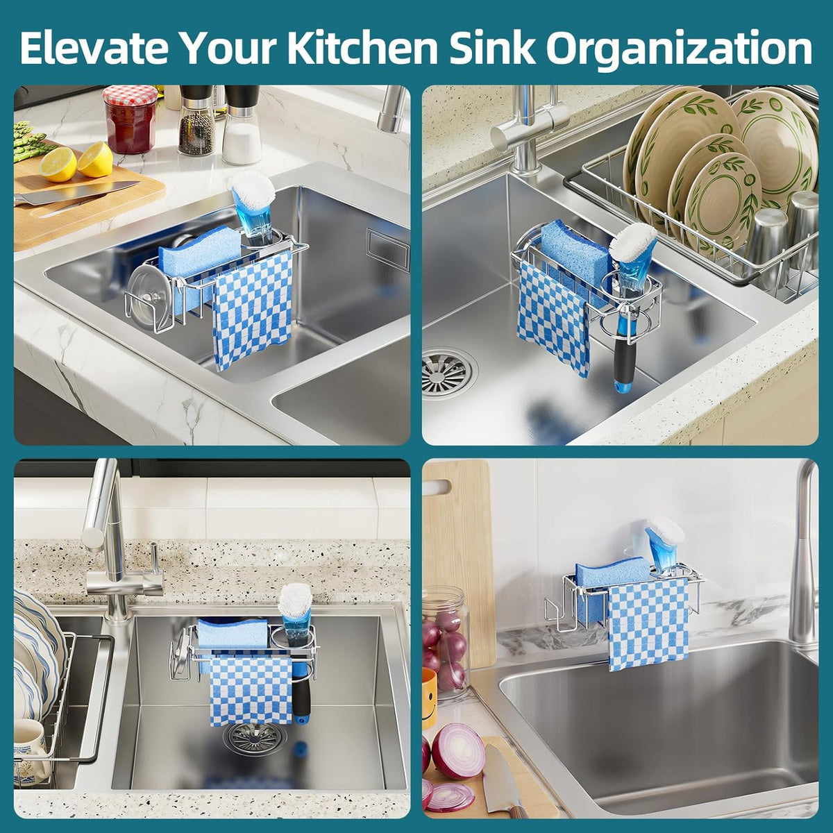 4-in-1 Sink Caddy with Strong Suction Cup, Sponge Holder for Kitchen Sink Organizer, Removable, Rustproof, Stainless Steel Holder for Sponge, Brush, Scrubber, Scraper - Silver