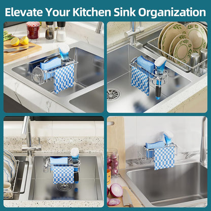 4-in-1 Sink Caddy with Strong Suction Cup, Sponge Holder for Kitchen Sink Organizer, Removable, Rustproof, Stainless Steel Holder for Sponge, Brush, Scrubber, Scraper - Silver