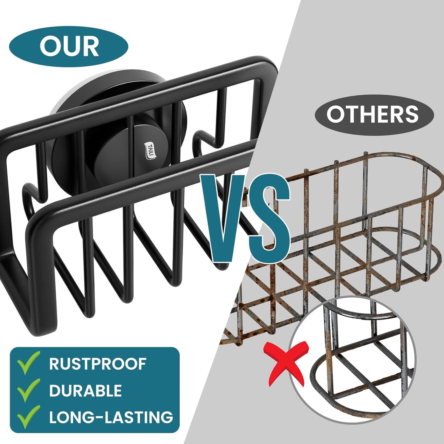 4-in-1 Sink Caddy with Strong Suction Cup, Sponge Holder for Kitchen Sink Organizer, Removable, Rustproof, Stainless Steel Holder for Sponge, Brush, Scrubber, Scraper - Silver
