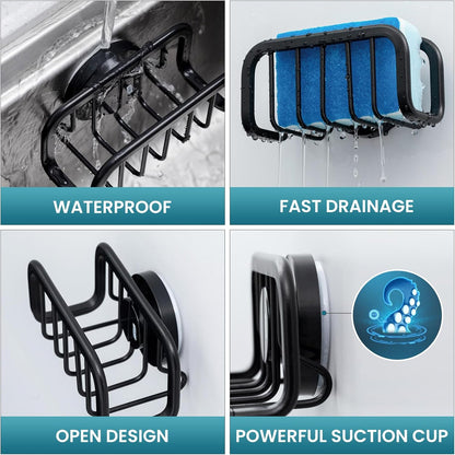 4-in-1 Sink Caddy with Strong Suction Cup, Sponge Holder for Kitchen Sink Organizer, Removable, Rustproof, Stainless Steel Holder for Sponge, Brush, Scrubber, Scraper - Silver