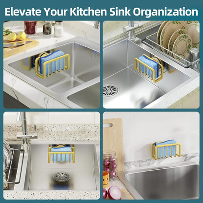 4-in-1 Sink Caddy with Strong Suction Cup, Sponge Holder for Kitchen Sink Organizer, Removable, Rustproof, Stainless Steel Holder for Sponge, Brush, Scrubber, Scraper - Silver