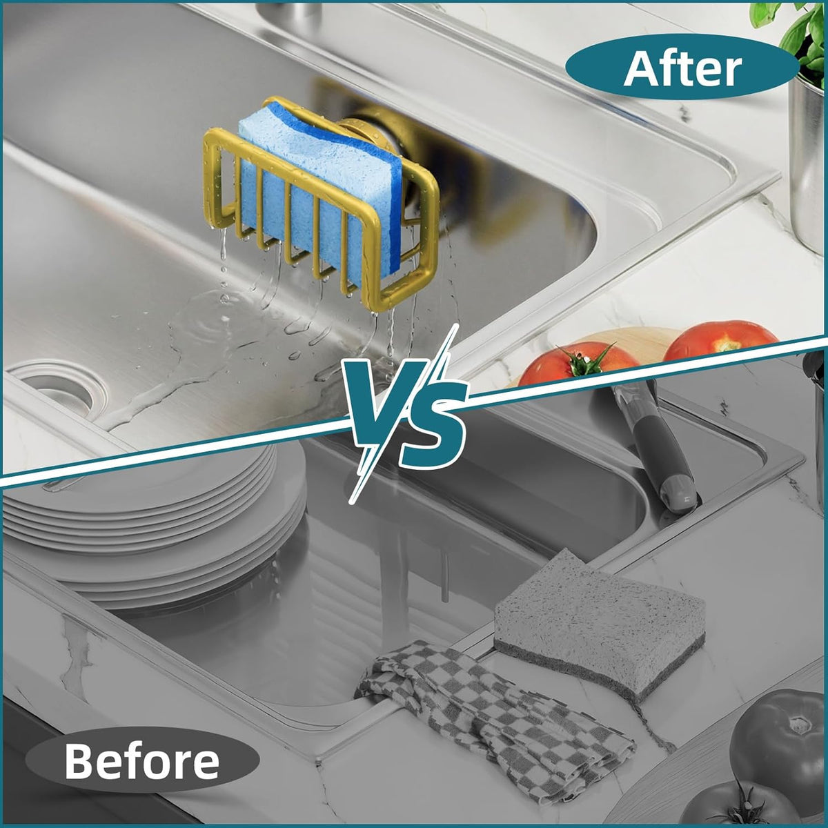 4-in-1 Sink Caddy with Strong Suction Cup, Sponge Holder for Kitchen Sink Organizer, Removable, Rustproof, Stainless Steel Holder for Sponge, Brush, Scrubber, Scraper - Silver