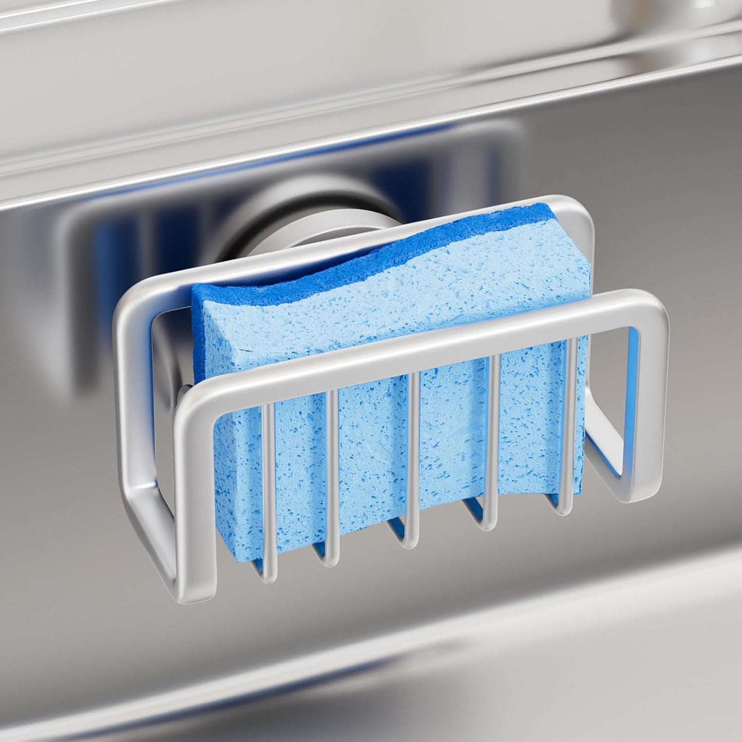 4-in-1 Sink Caddy with Strong Suction Cup, Sponge Holder for Kitchen Sink Organizer, Removable, Rustproof, Stainless Steel Holder for Sponge, Brush, Scrubber, Scraper - Silver
