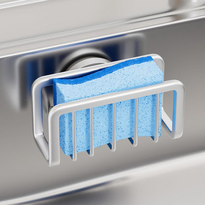 4-in-1 Sink Caddy with Strong Suction Cup, Sponge Holder for Kitchen Sink Organizer, Removable, Rustproof, Stainless Steel Holder for Sponge, Brush, Scrubber, Scraper - Silver