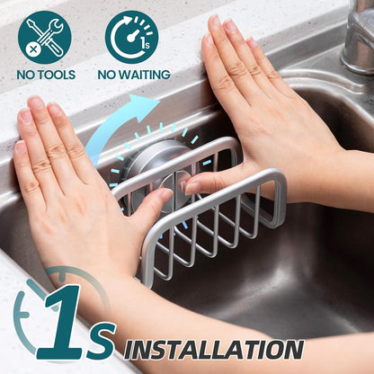 4-in-1 Sink Caddy with Strong Suction Cup, Sponge Holder for Kitchen Sink Organizer, Removable, Rustproof, Stainless Steel Holder for Sponge, Brush, Scrubber, Scraper - Silver