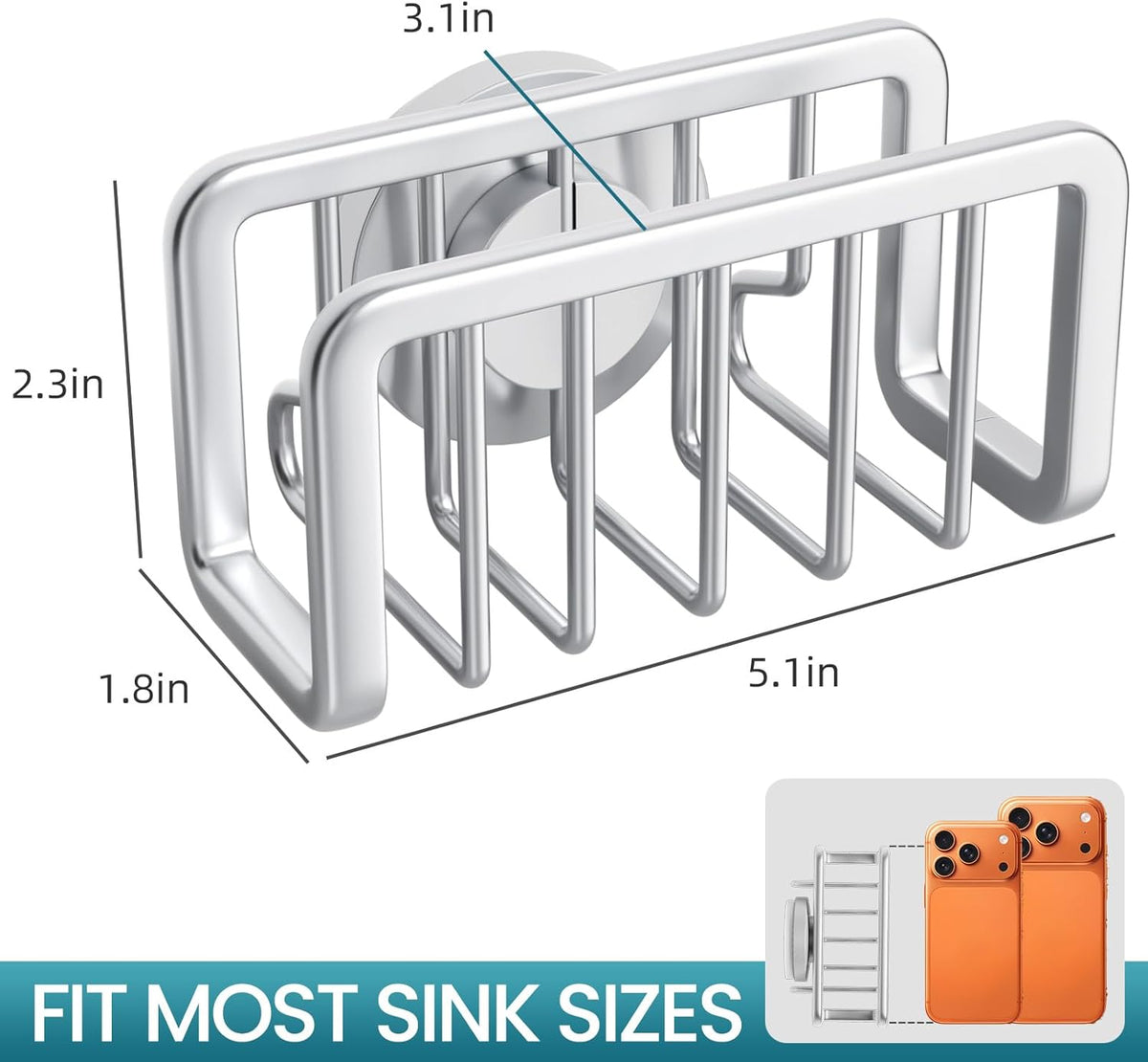 4-in-1 Sink Caddy with Strong Suction Cup, Sponge Holder for Kitchen Sink Organizer, Removable, Rustproof, Stainless Steel Holder for Sponge, Brush, Scrubber, Scraper - Silver