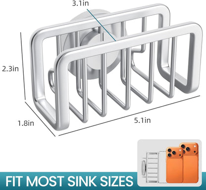 4-in-1 Sink Caddy with Strong Suction Cup, Sponge Holder for Kitchen Sink Organizer, Removable, Rustproof, Stainless Steel Holder for Sponge, Brush, Scrubber, Scraper - Silver