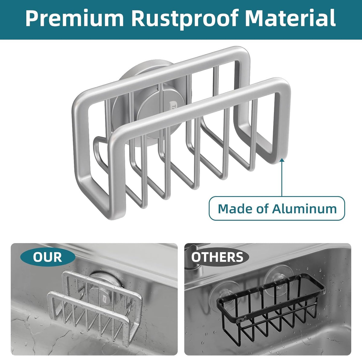 4-in-1 Sink Caddy with Strong Suction Cup, Sponge Holder for Kitchen Sink Organizer, Removable, Rustproof, Stainless Steel Holder for Sponge, Brush, Scrubber, Scraper - Silver