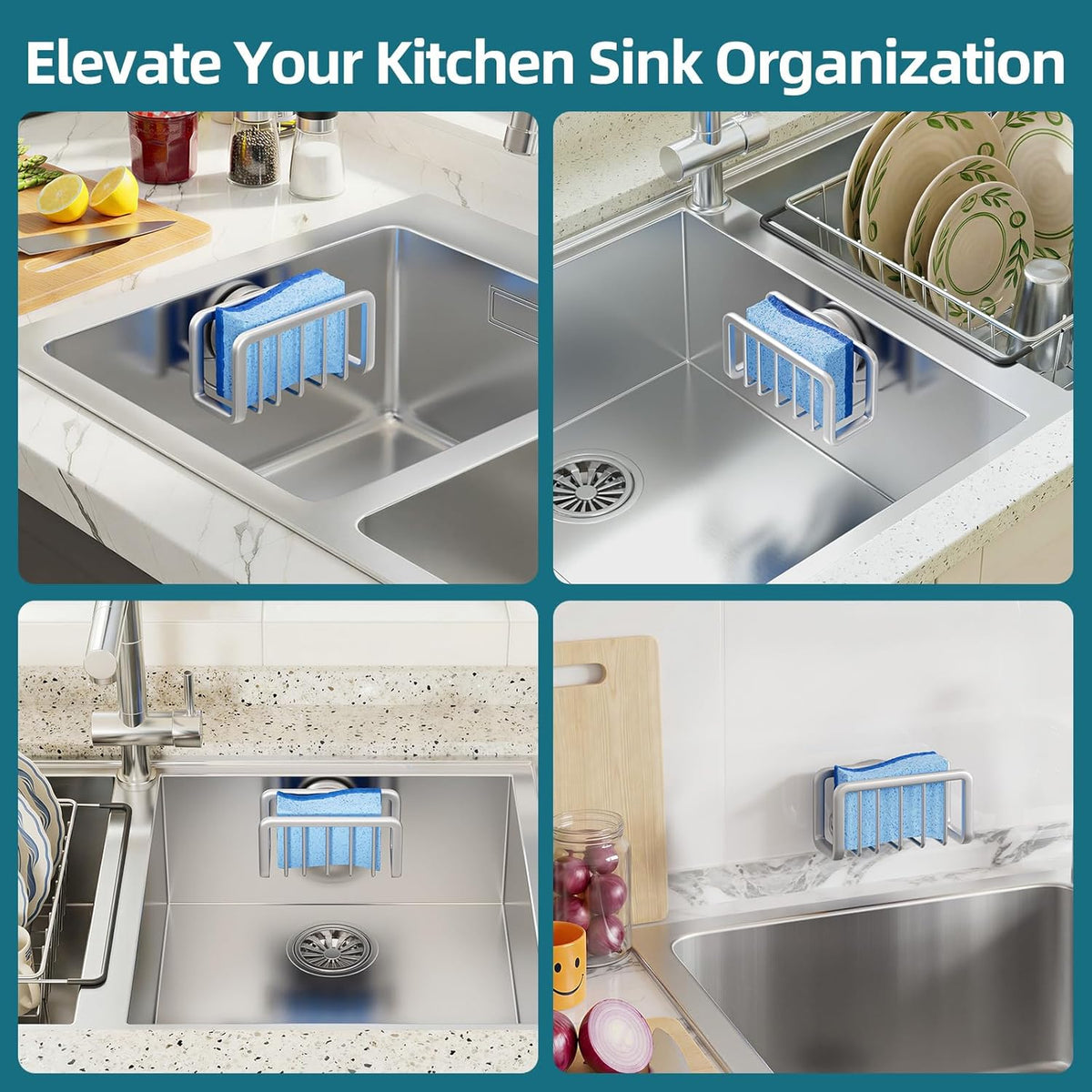 4-in-1 Sink Caddy with Strong Suction Cup, Sponge Holder for Kitchen Sink Organizer, Removable, Rustproof, Stainless Steel Holder for Sponge, Brush, Scrubber, Scraper - Silver