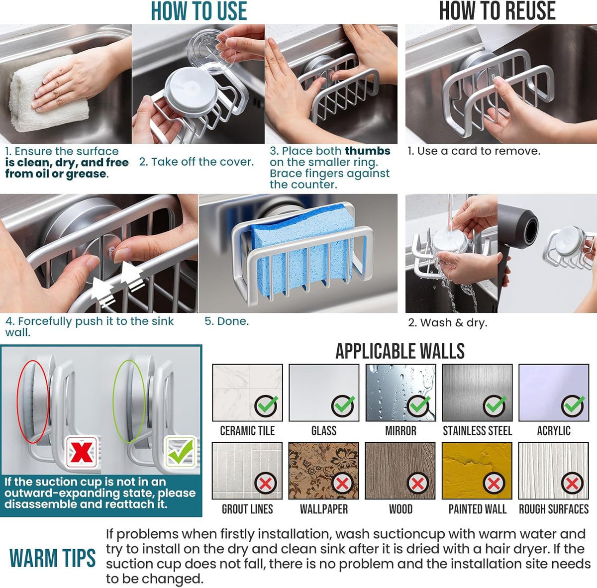 4-in-1 Sink Caddy with Strong Suction Cup, Sponge Holder for Kitchen Sink Organizer, Removable, Rustproof, Stainless Steel Holder for Sponge, Brush, Scrubber, Scraper - Silver