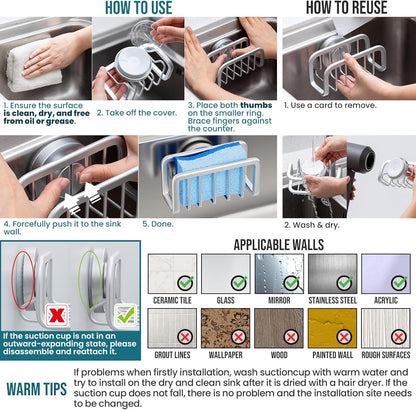4-in-1 Sink Caddy with Strong Suction Cup, Sponge Holder for Kitchen Sink Organizer, Removable, Rustproof, Stainless Steel Holder for Sponge, Brush, Scrubber, Scraper - Silver