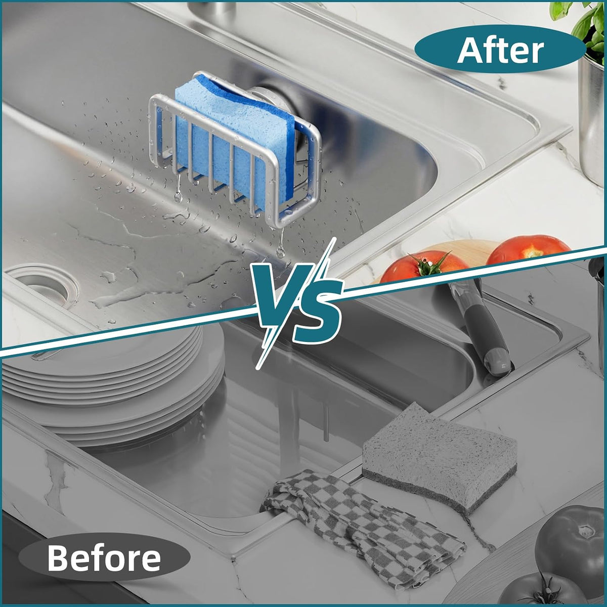 4-in-1 Sink Caddy with Strong Suction Cup, Sponge Holder for Kitchen Sink Organizer, Removable, Rustproof, Stainless Steel Holder for Sponge, Brush, Scrubber, Scraper - Silver