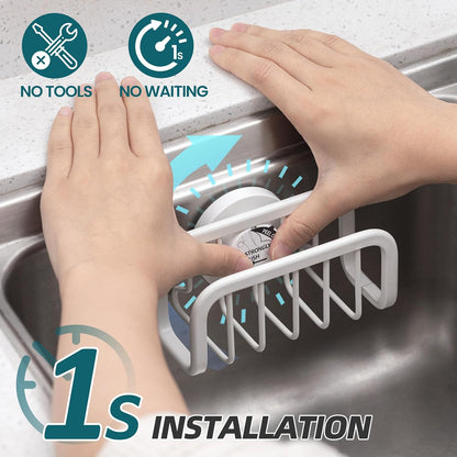 4-in-1 Sink Caddy with Strong Suction Cup, Sponge Holder for Kitchen Sink Organizer, Removable, Rustproof, Stainless Steel Holder for Sponge, Brush, Scrubber, Scraper - Silver