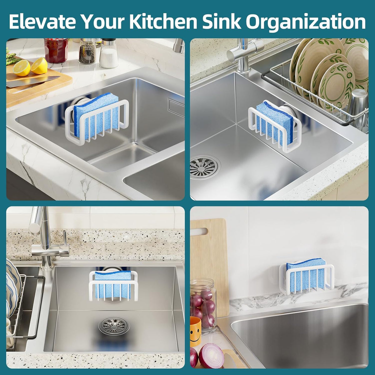 4-in-1 Sink Caddy with Strong Suction Cup, Sponge Holder for Kitchen Sink Organizer, Removable, Rustproof, Stainless Steel Holder for Sponge, Brush, Scrubber, Scraper - Silver
