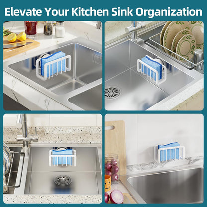 4-in-1 Sink Caddy with Strong Suction Cup, Sponge Holder for Kitchen Sink Organizer, Removable, Rustproof, Stainless Steel Holder for Sponge, Brush, Scrubber, Scraper - Silver