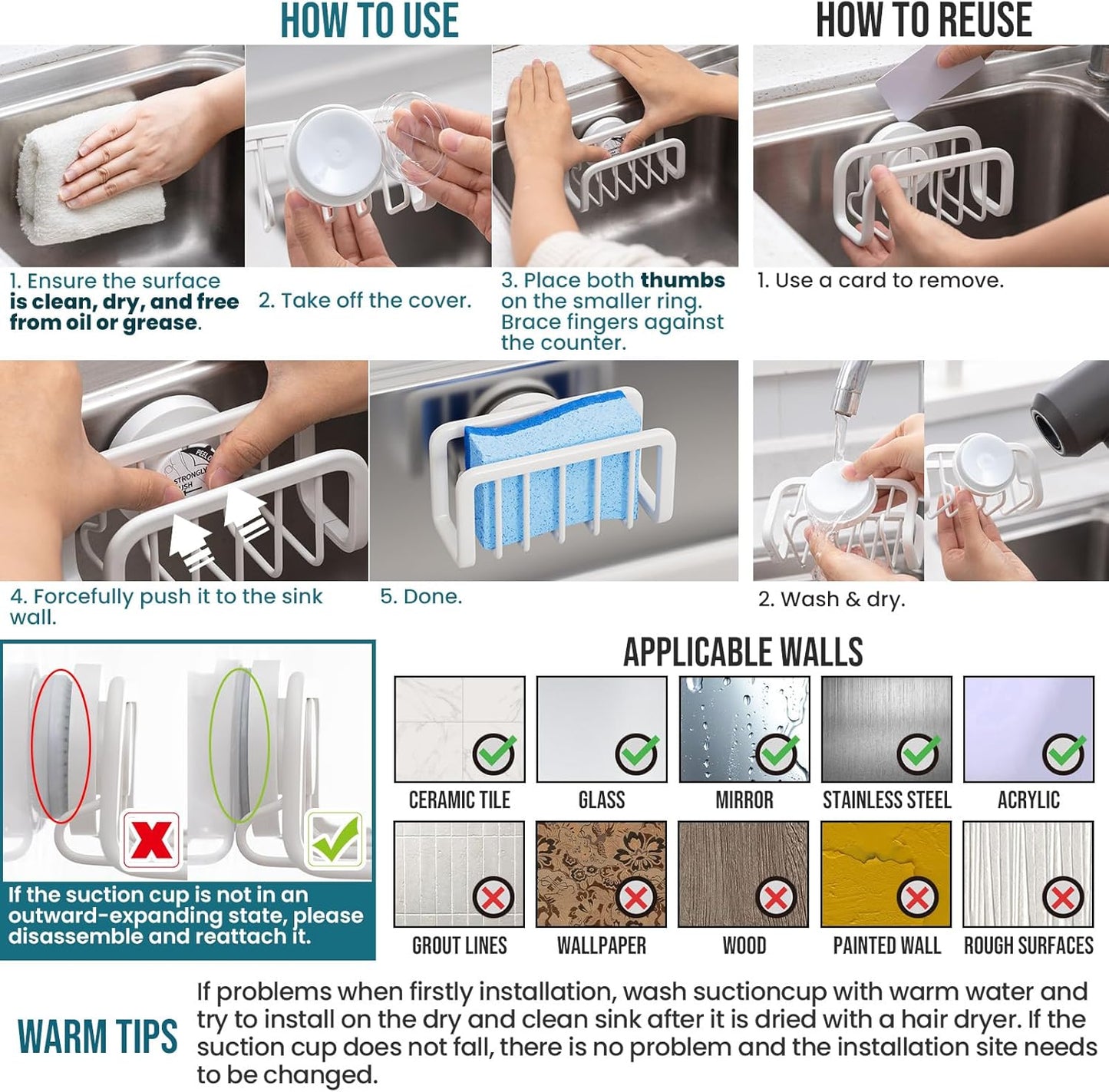 4-in-1 Sink Caddy with Strong Suction Cup, Sponge Holder for Kitchen Sink Organizer, Removable, Rustproof, Stainless Steel Holder for Sponge, Brush, Scrubber, Scraper - Silver